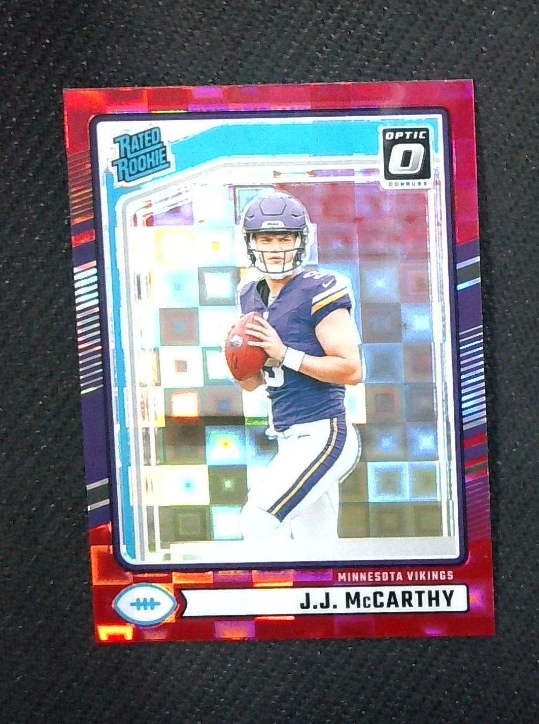 JJ McCarthy 2024 Donruss Rated Rookie Red Pandora Optic Preview Prizm #303 SP