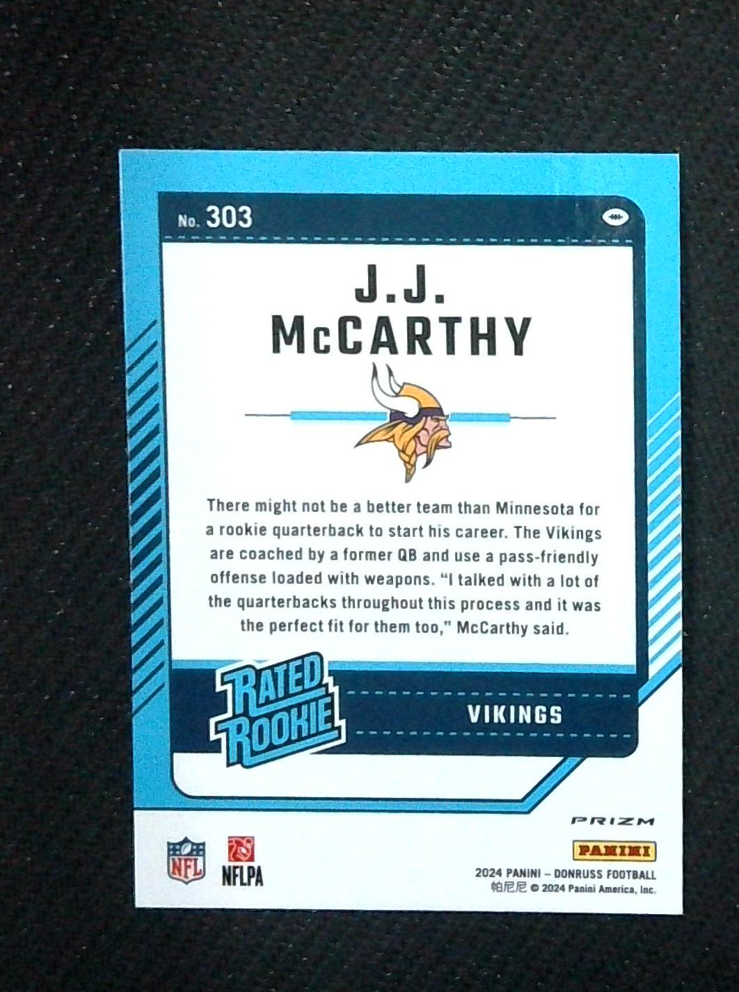 JJ McCarthy 2024 Donruss Rated Rookie Red Pandora Optic Preview Prizm #303 SP