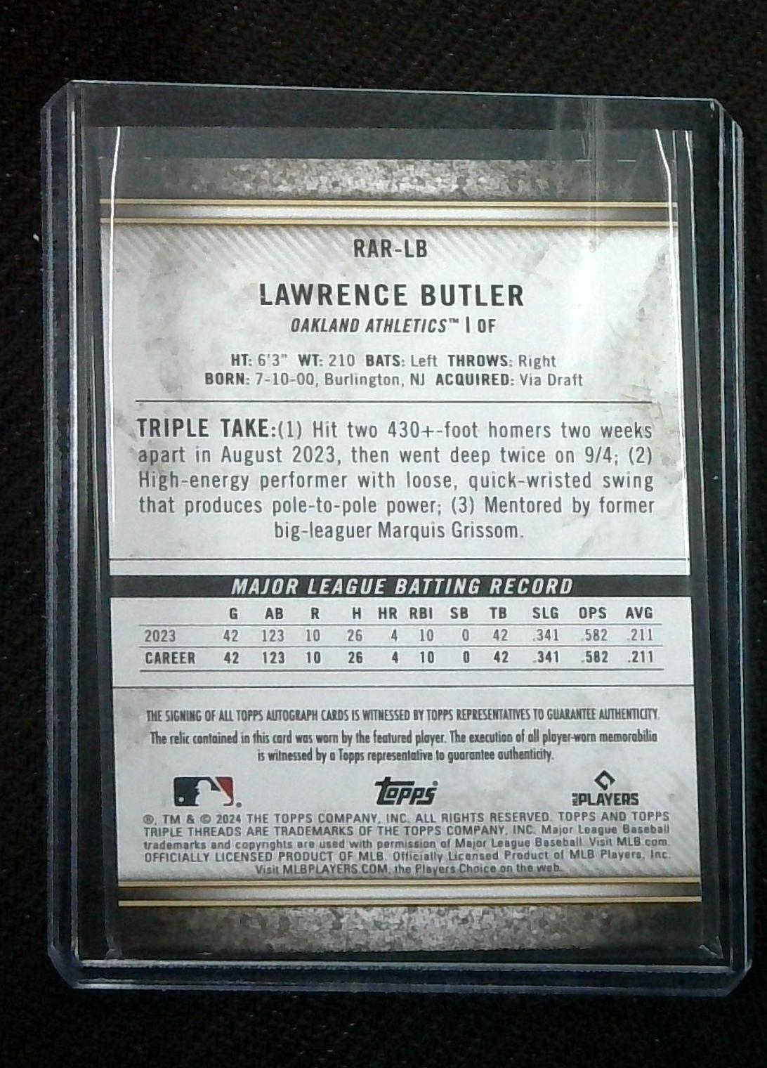 Lawrence Butler - 2024 Topps Triple Threads Rookie PATCH 🔥 AUTO /99 🔥