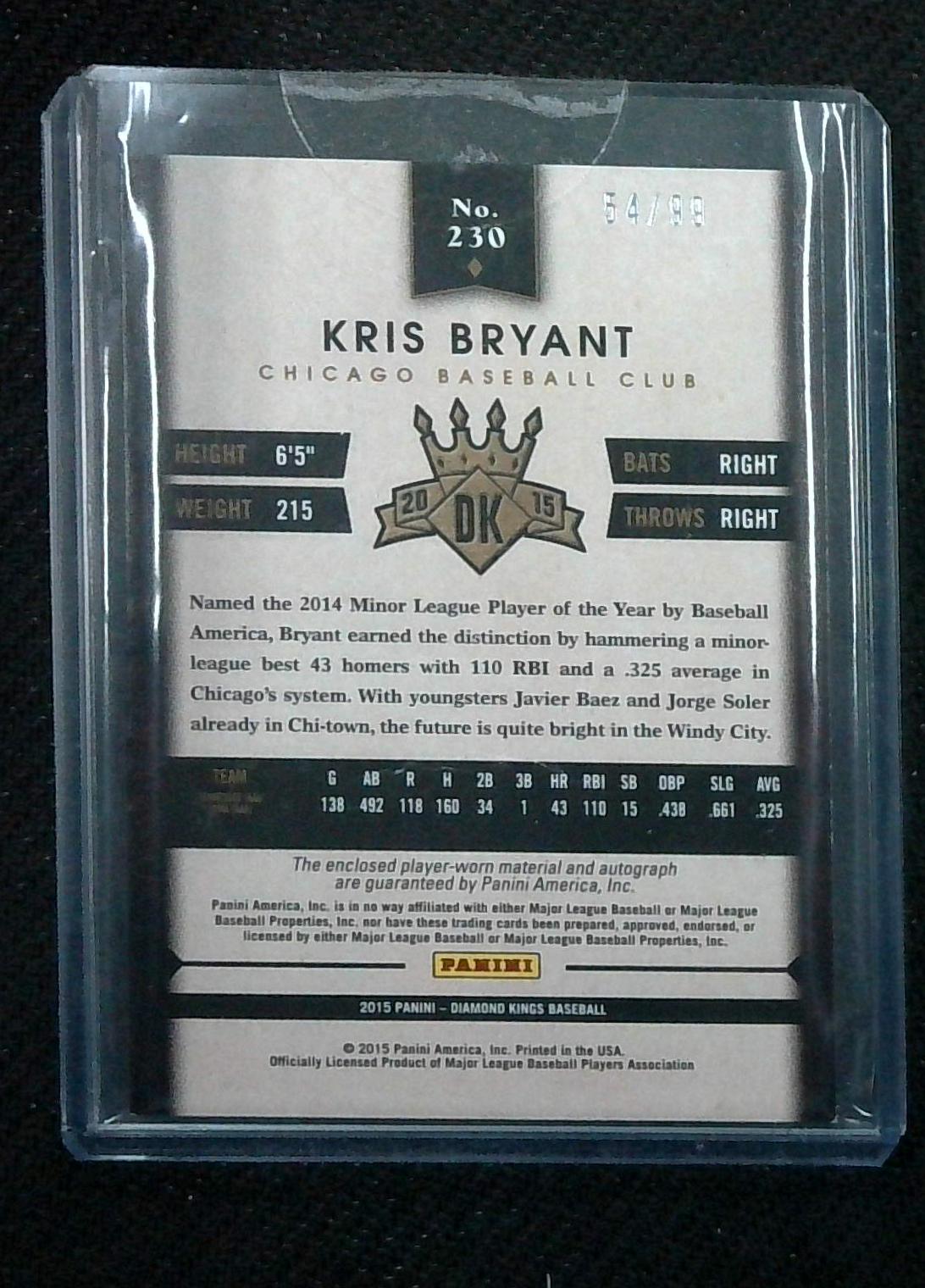 2015 Diamond Kings DK Signature Materials Silver /99 Kris Bryant Rookie Auto
