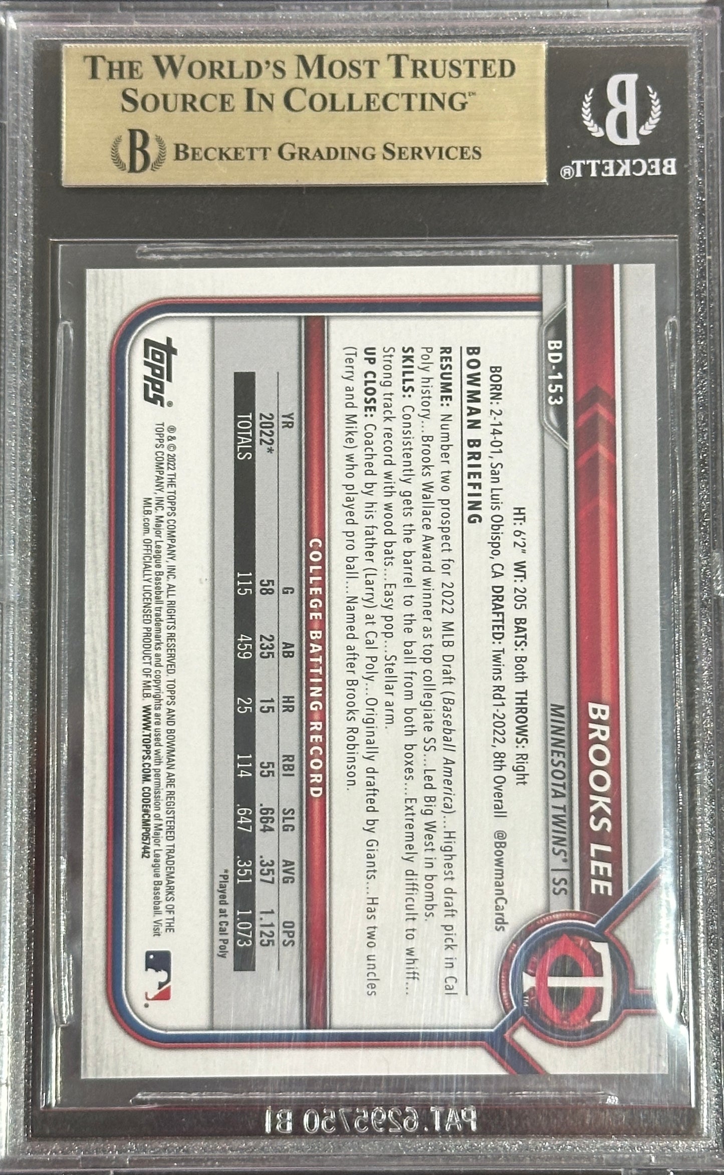 2022 Bowman Draft 1st Edition Brooks Lee 1st Bowman Orange Foil BGS 9.5 Gem Mint /25