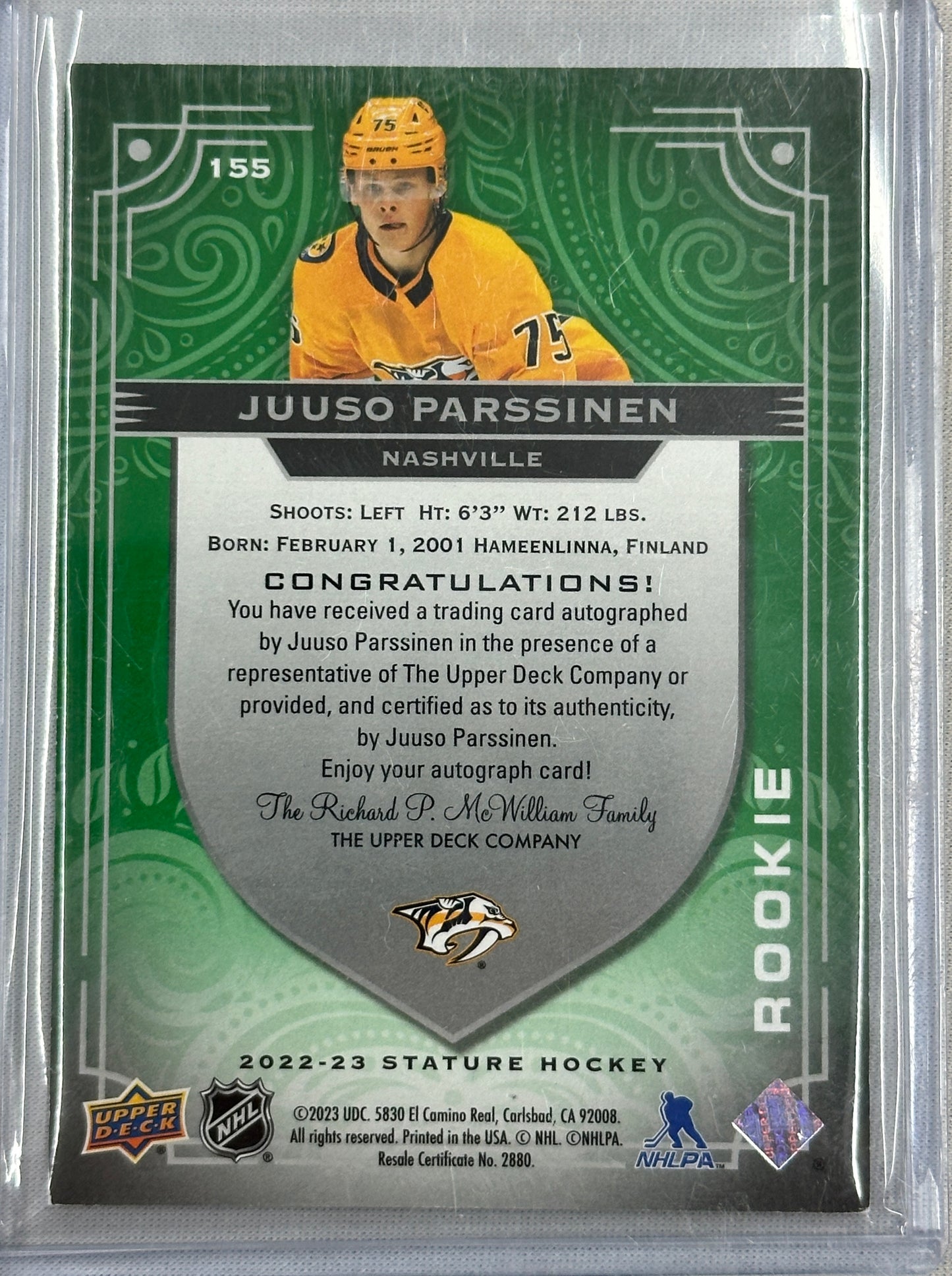 2022/23 Upper Deck Stature Juuso Parssinen Rookie Auto 49/65