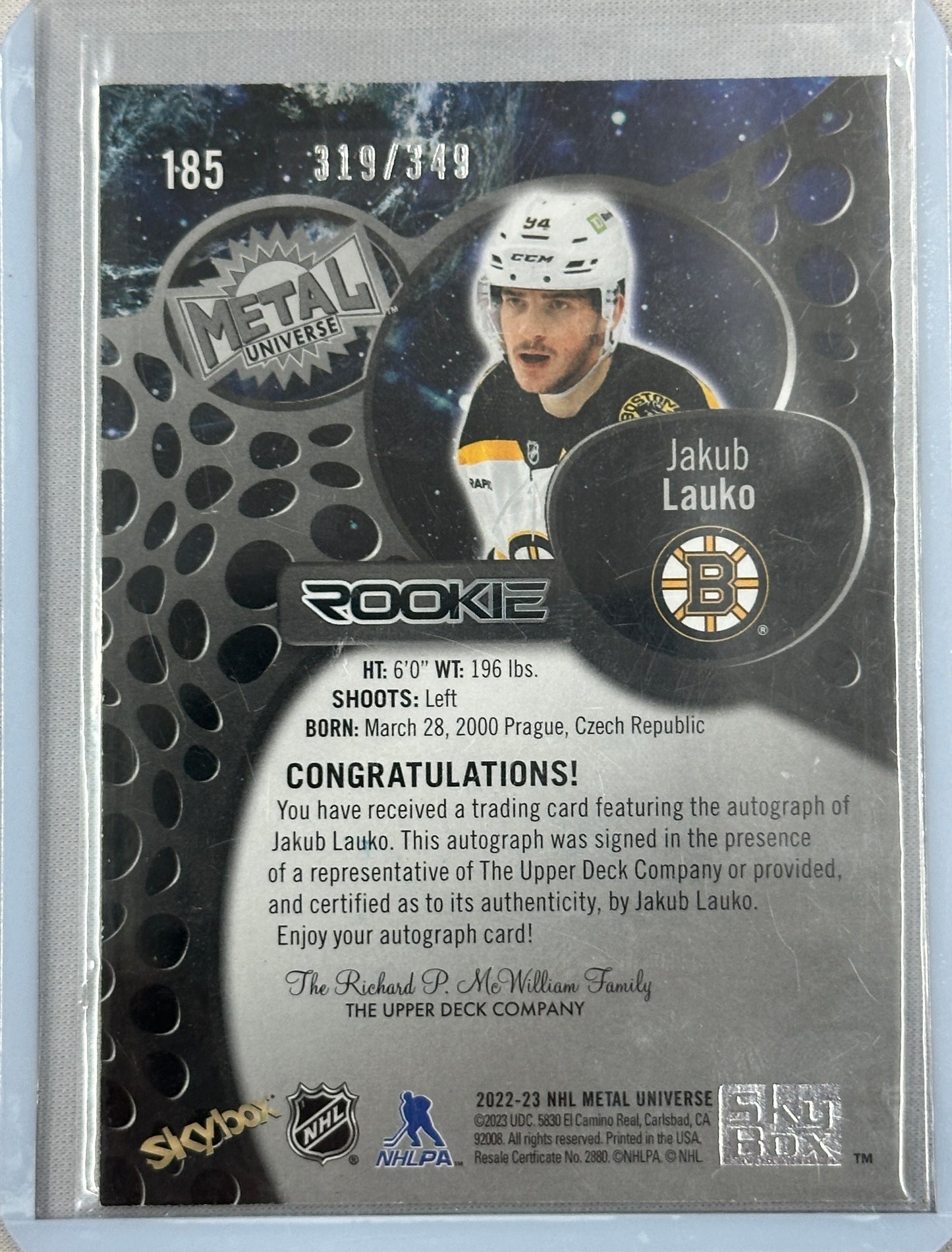 2022/23 Metal Universe Jakub Lauko Rookie Auto 319/349