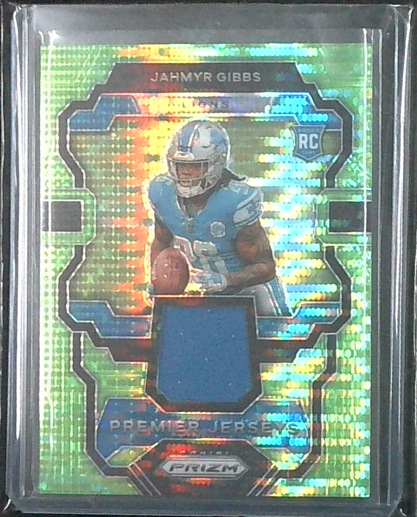 JAHMYR GIBBS 2023 Prizm ROOKIE Premier Jerseys Green Pulsar Patch