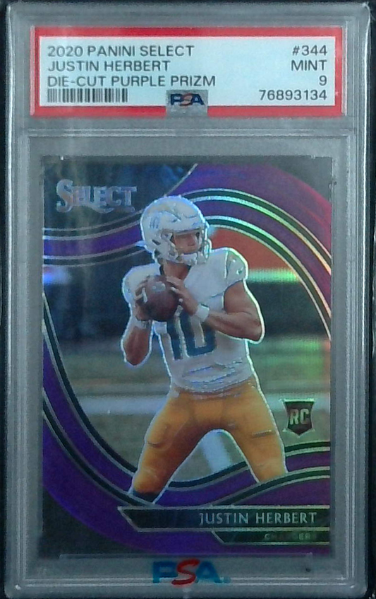 2020 Panini Select Purple Prizm Die-Cut Justin Herbert PSA 9 Field Level #344 RC