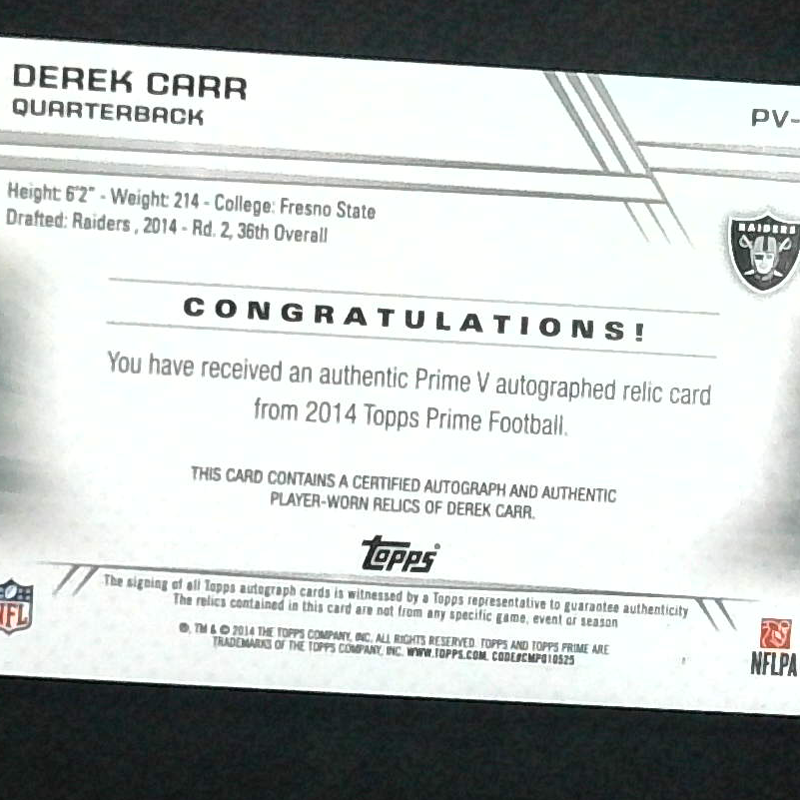 2014 Topps Prime Derek Carr Level V Quad Relic Rookie Auto 8/10