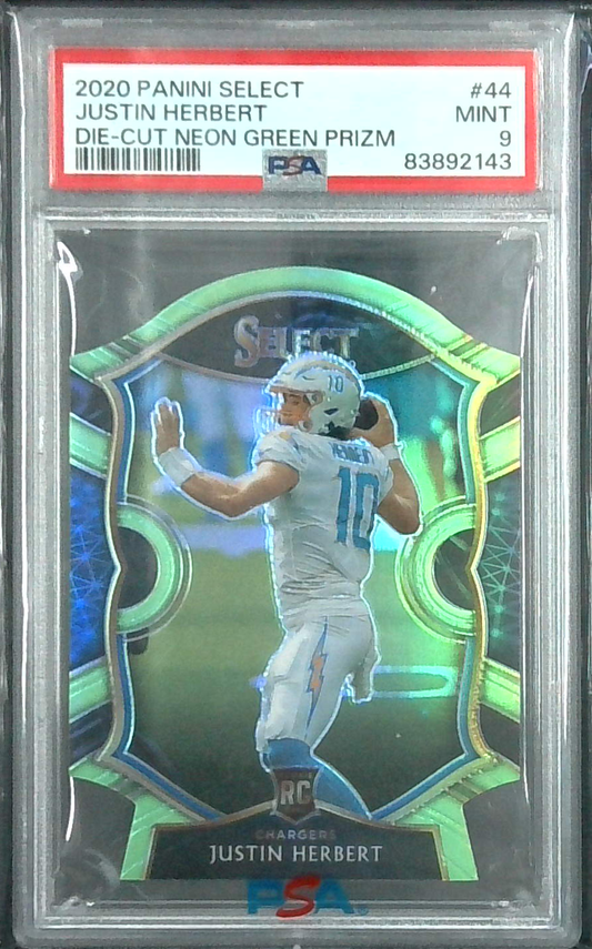 2020 Panini Select JUSTIN HERBERT NEON GREEN DIE CUT PRIZM ROOKIE PSA 9
