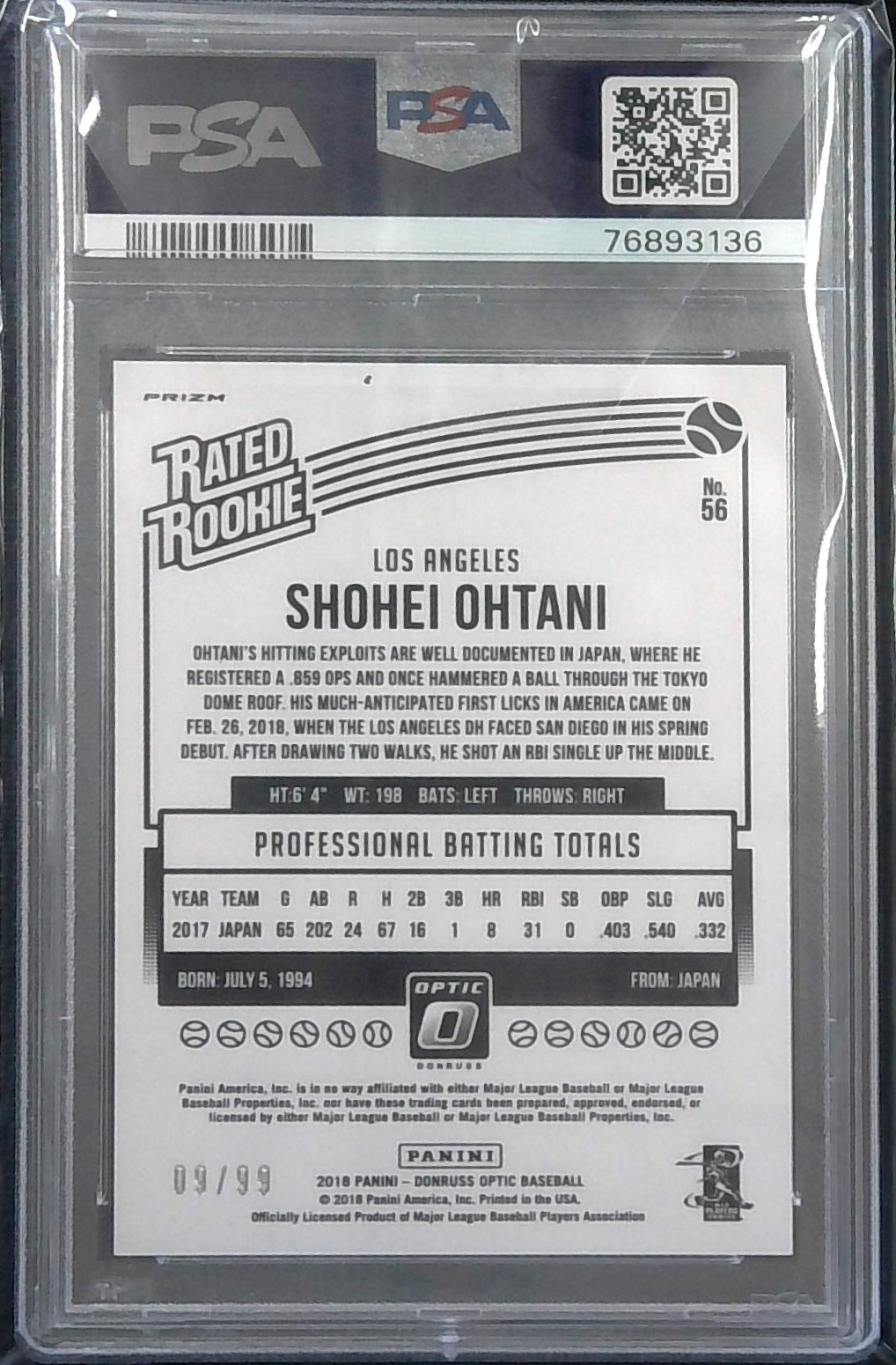 2018 Optic Shohei Ohtani Red rated Rookie /99 PSA 10