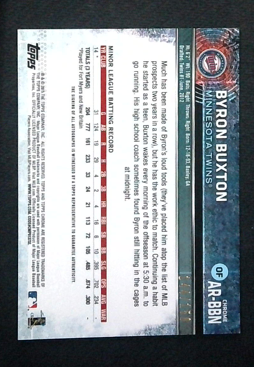 2015 Topps Chrome Byron Buxton Blue Refractor Rookie Auto /150