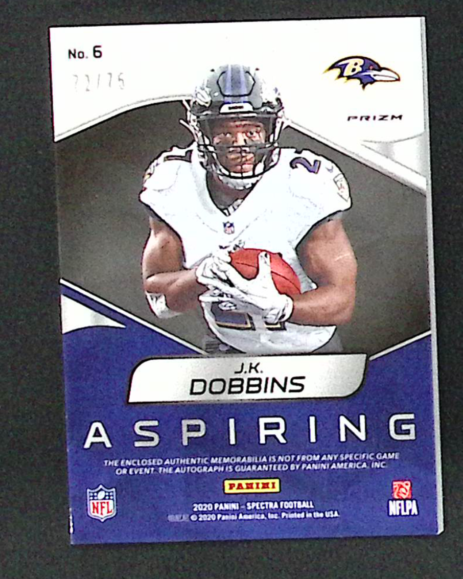 2020 Spectra JK Dobbins Aspiring Silver Prizm Rookie Patch Auto RC /75 Ravens