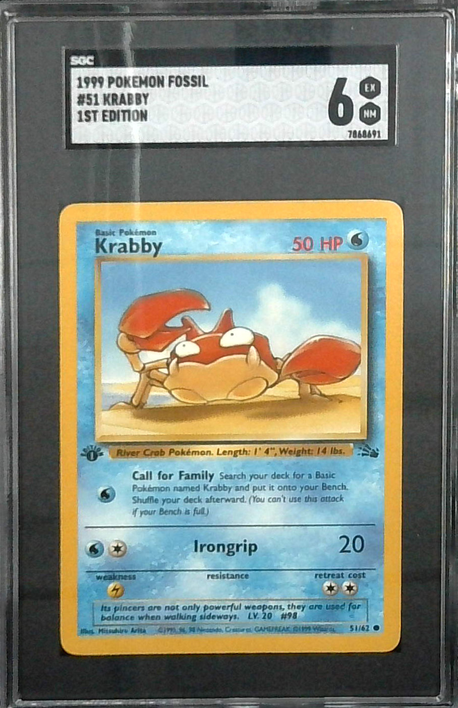 1999 Pokemon Fossil 1st Edition Krabby SGC 6