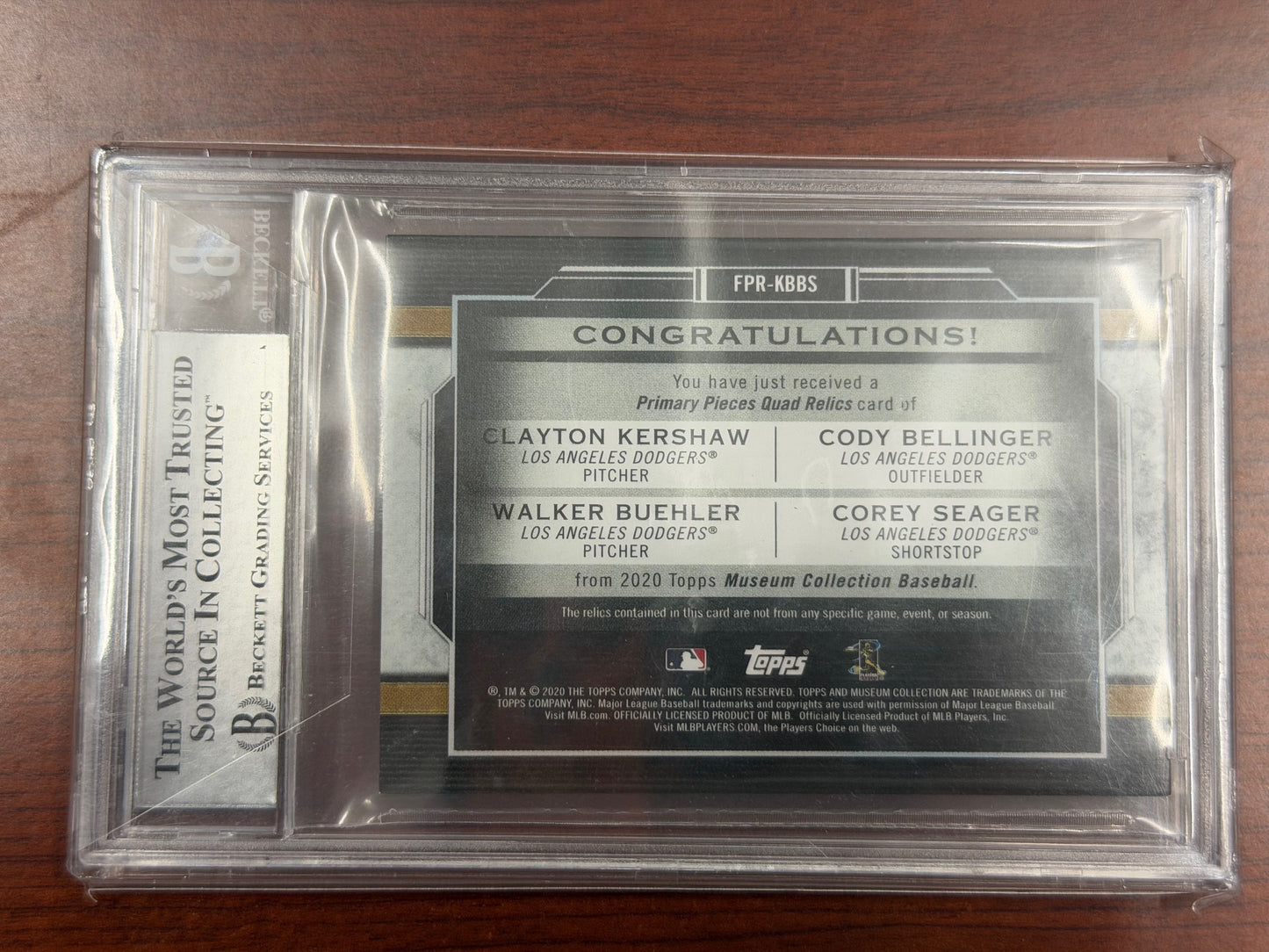2020 Topps Museum Collection Dodgers Quad Relic Kershaw Bellinger Buehler Seager /99 BGS 91