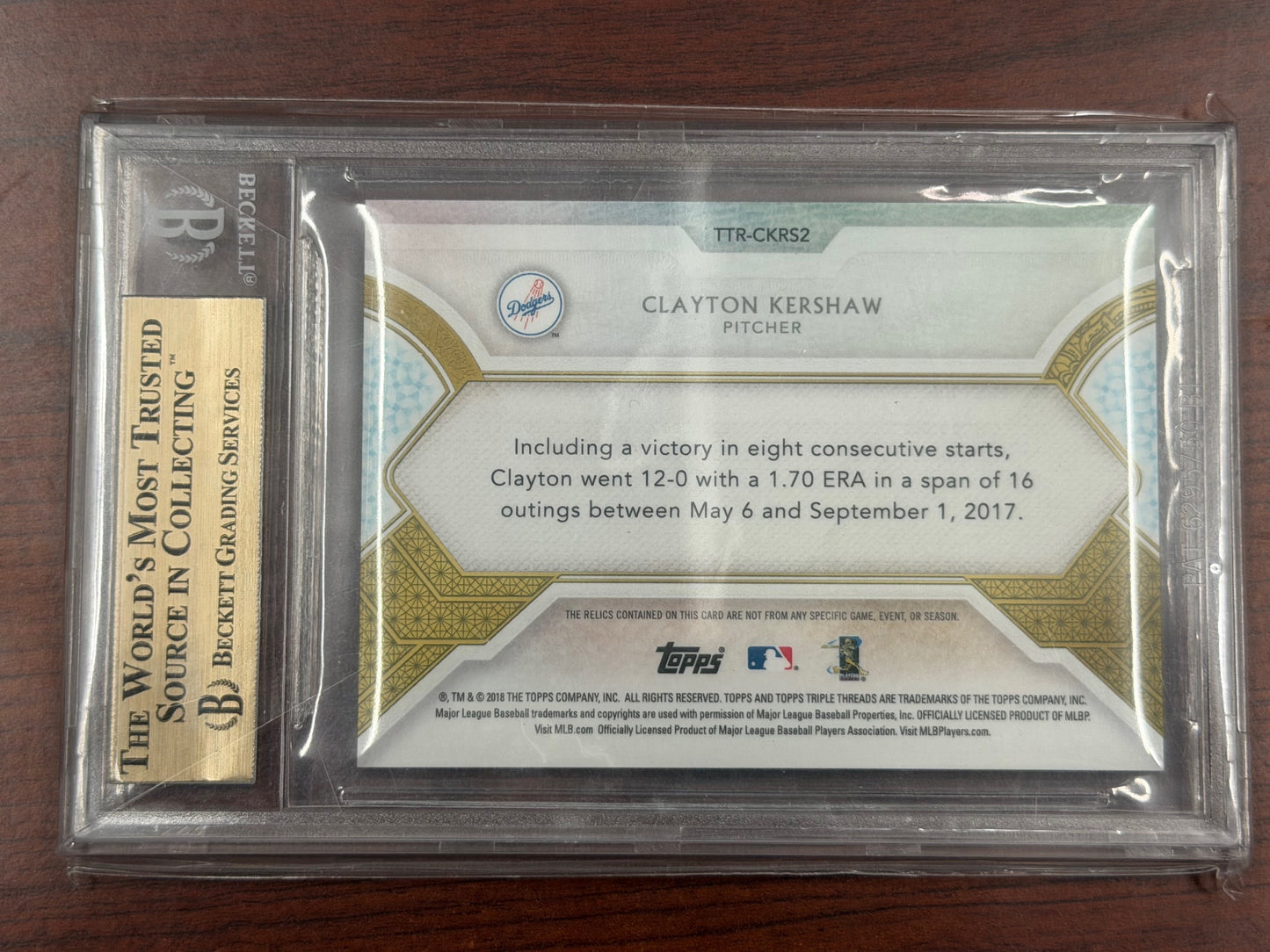 2018 TOPPS TRIPLE THREADS CLAYTON KERSHAW RELICS SILVER /27 BGS 10 PRISTINE