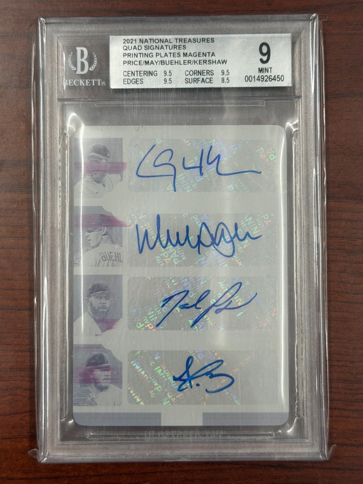2021 National Treasures Kershaw Price Buehler May Quad Auto 1/1 Printing Plate BGS 9