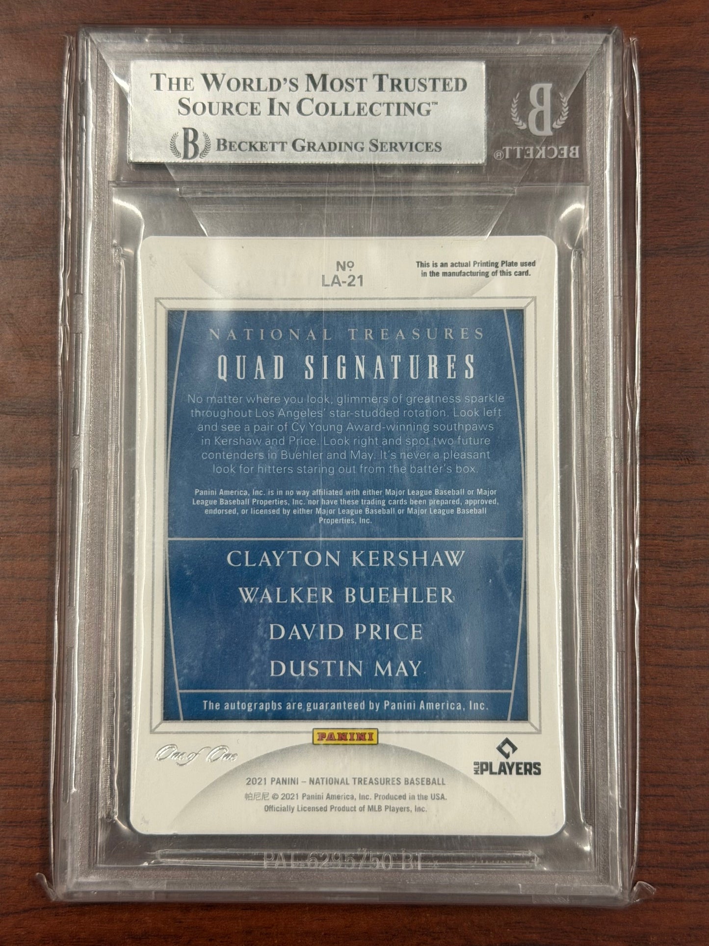 2021 National Treasures Kershaw Price Buehler May Quad Auto 1/1 Printing Plate BGS 9