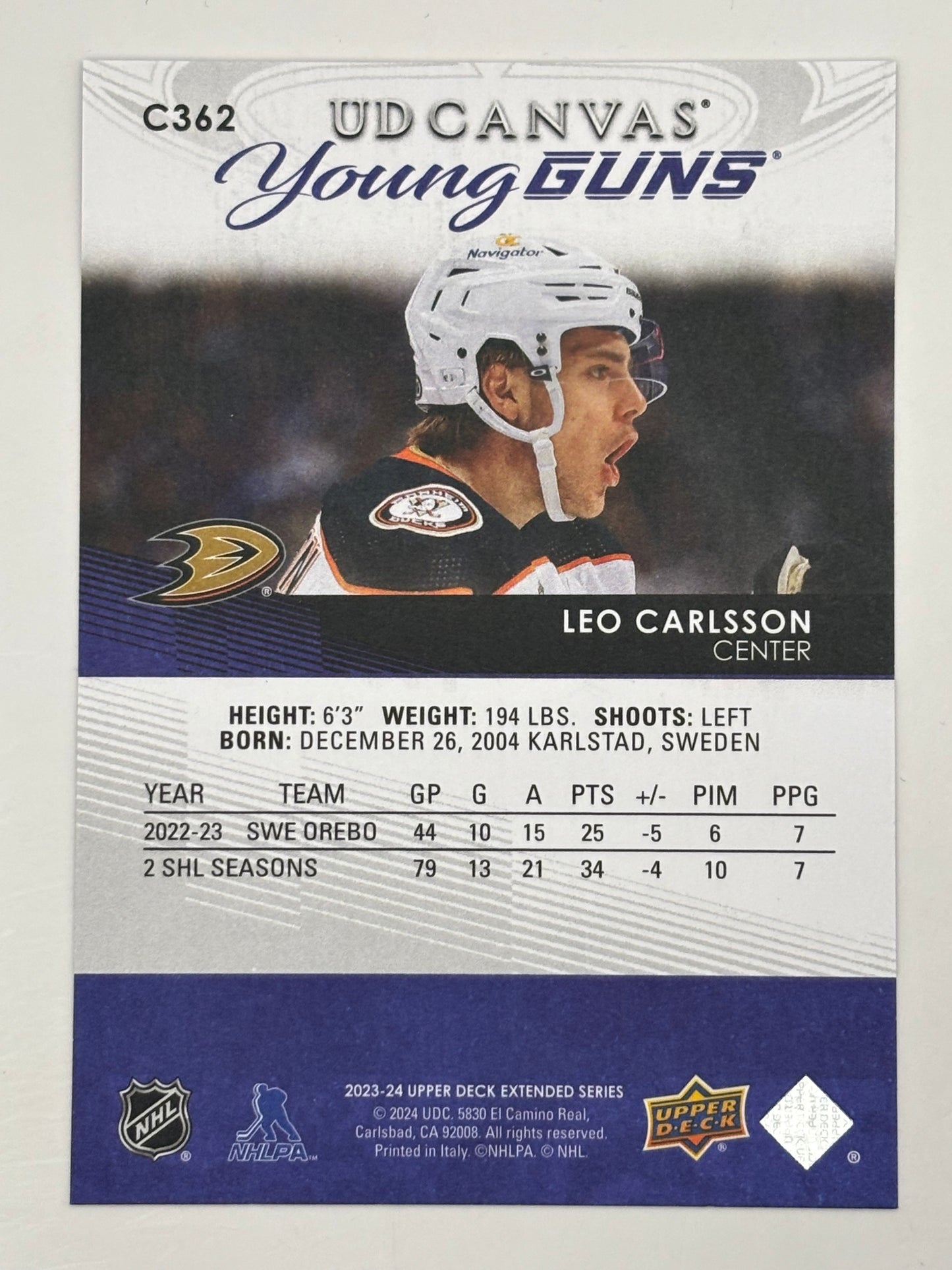 2023/24 Upper Deck Canvas Young Guns Leo Carlsson