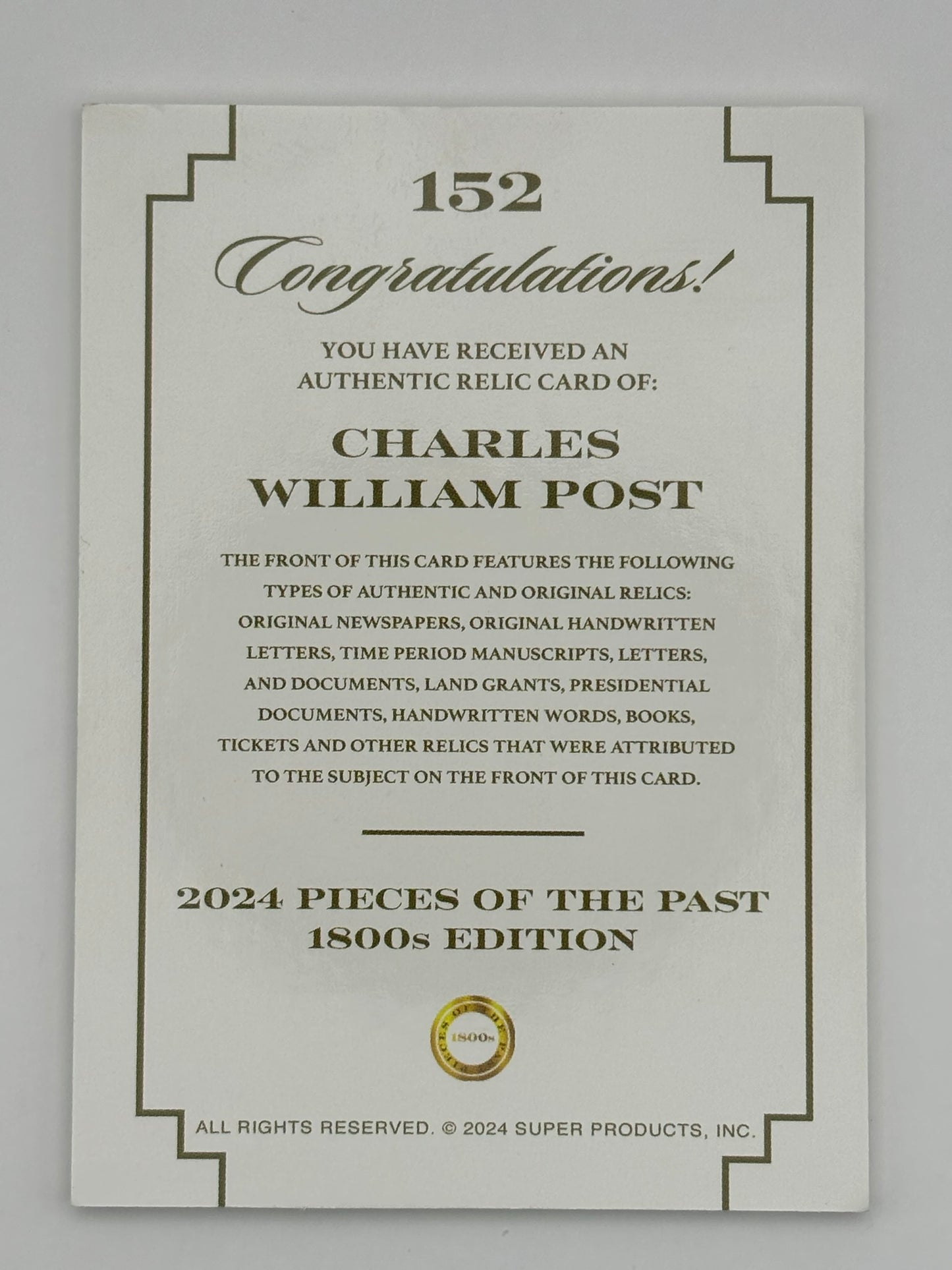2024 Pieces Of The Past 1800s Charles William Post Relic