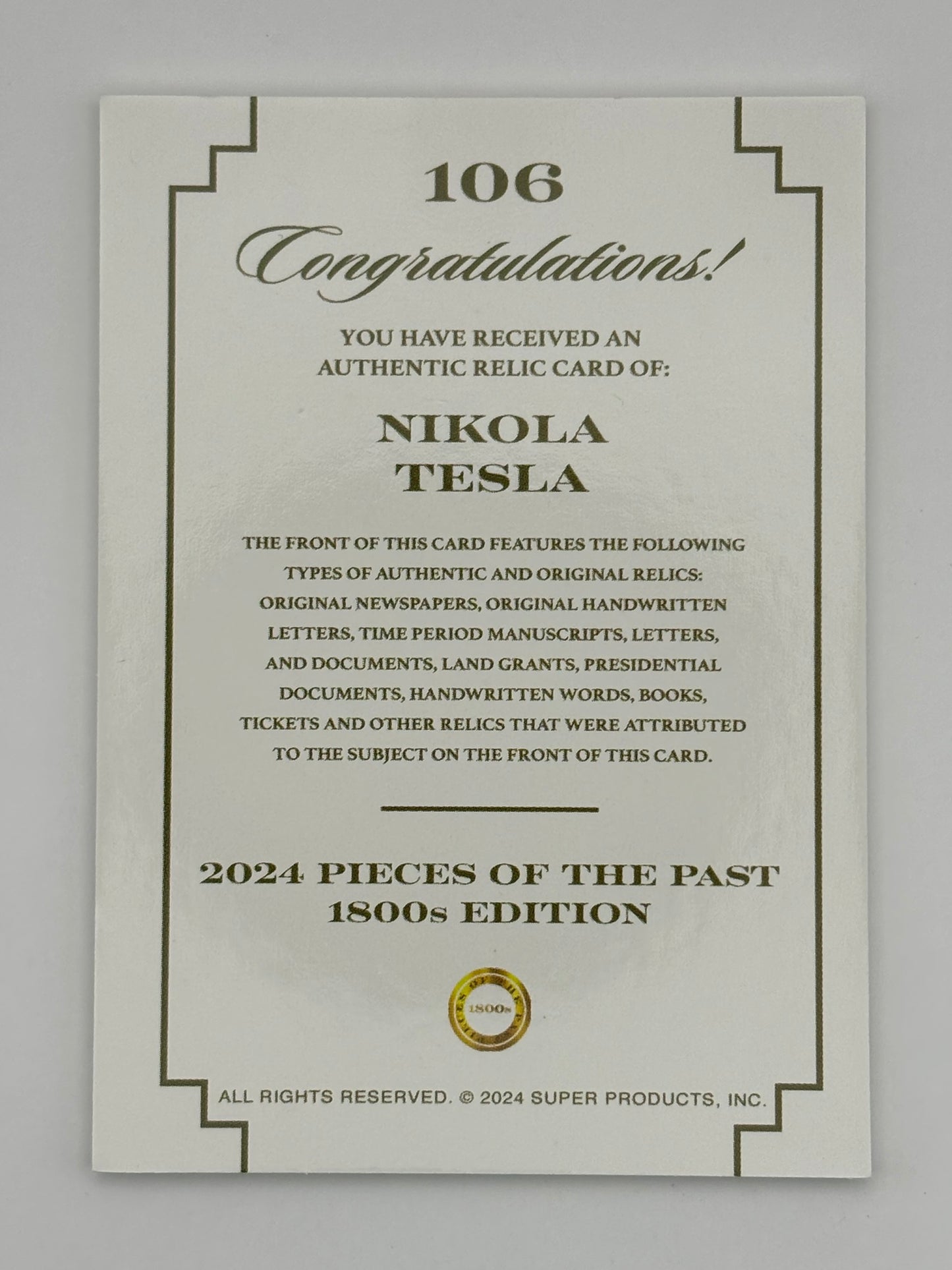 2024 Pieces Of The Past 1800's Nikola Tesla Relic