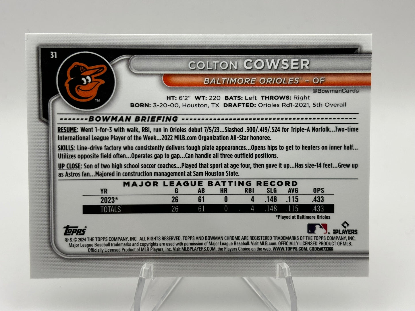 2024 Bowman Chrome Colton Cowser Rookie Green Mojo #/99 Baltimore Orioles
