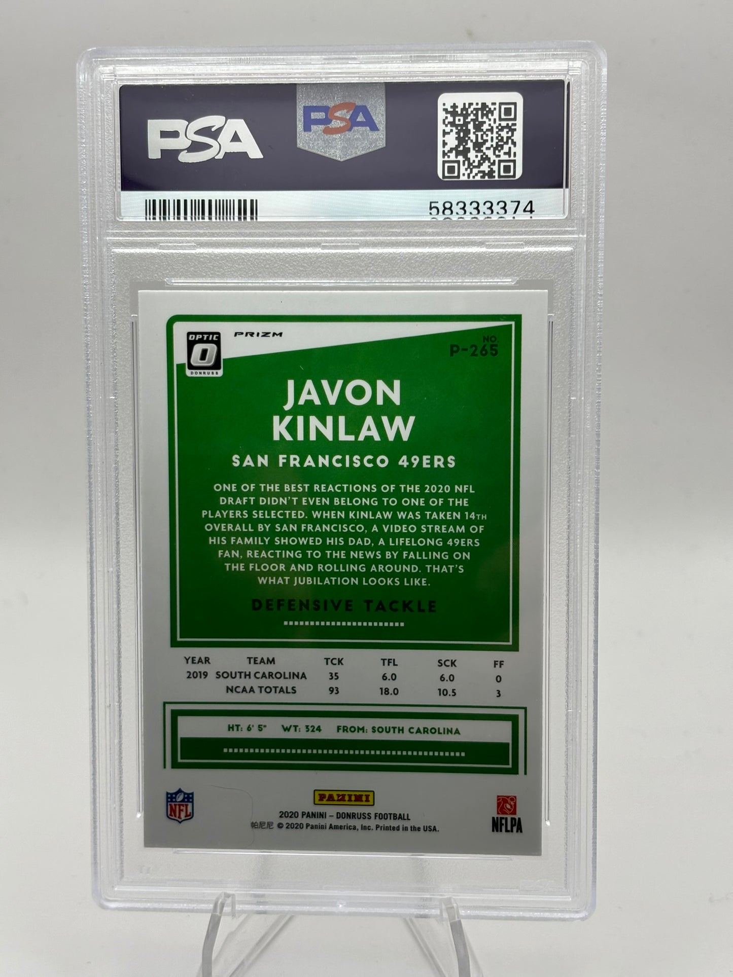 2020 Panini Donruss Optic Preview Holo Prizm Javon Kinlaw #P-265 Rookie PSA 10