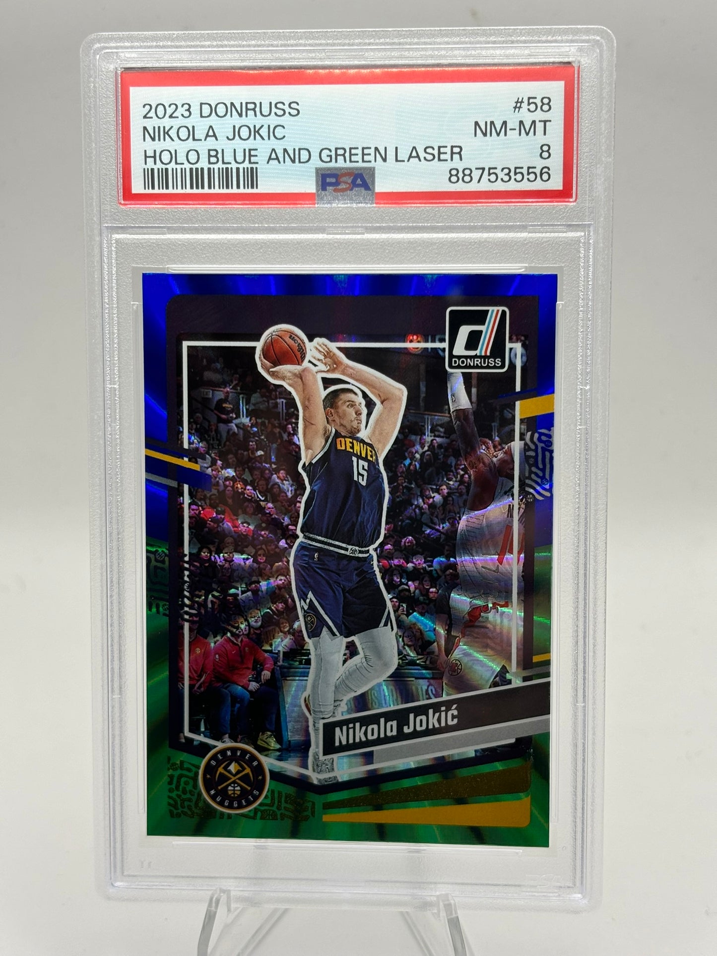 2023 Panini Donruss #58 Nikola Jokic HOLO Blue & Green Laser PSA 8