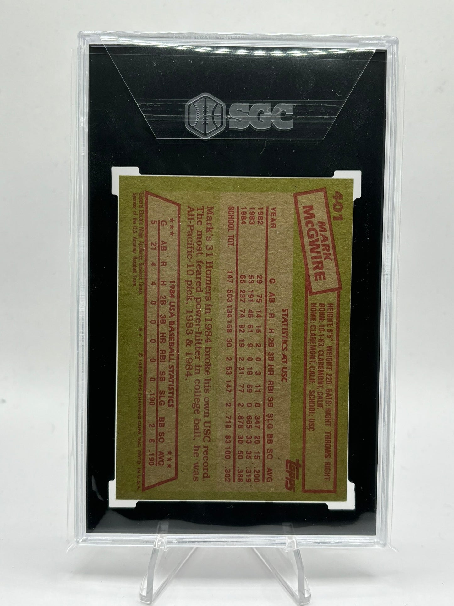 1985 Topps #401 Mark McGwire USA Baseball RC Rookie SGC 6