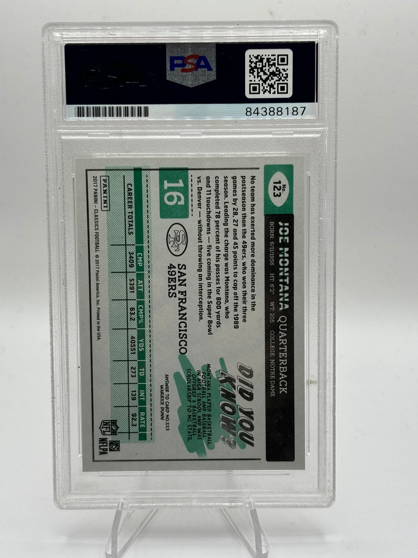 2017 Classics Timeless Tributes Joe Montana Signed Card PSA 10 Auto