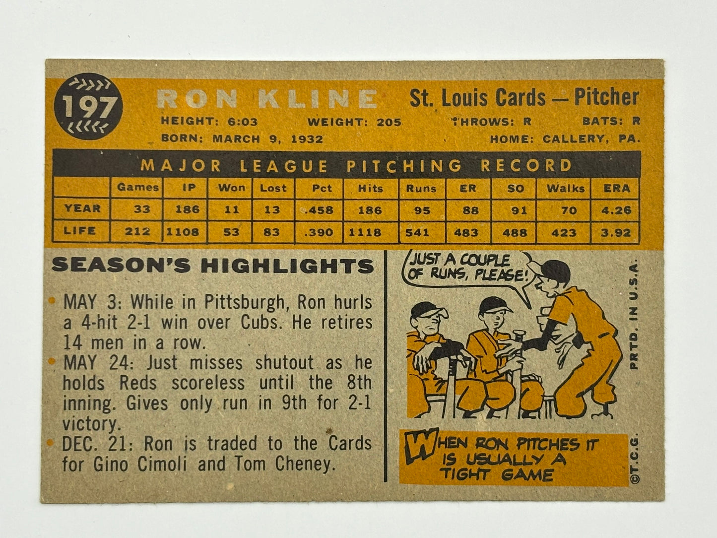 1960 Topps Ron Kline 197 Cardinals