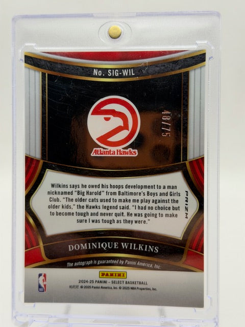 2024-25 Select Dominique Wilkins Signatures Purple Prizm Auto #'d /75 Hawks