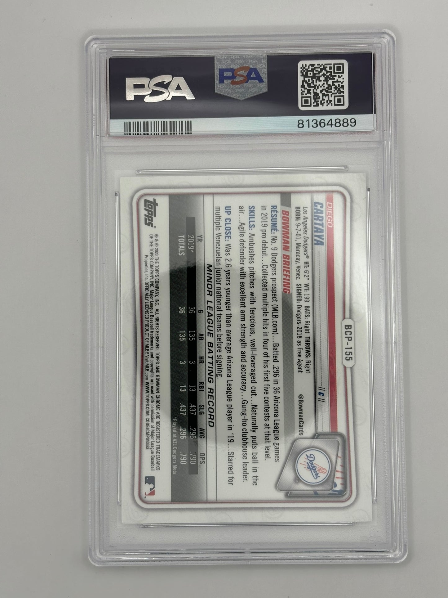 2020 Bowman Chrome Diego Cartaya Mojo Dodgers PSA 10
