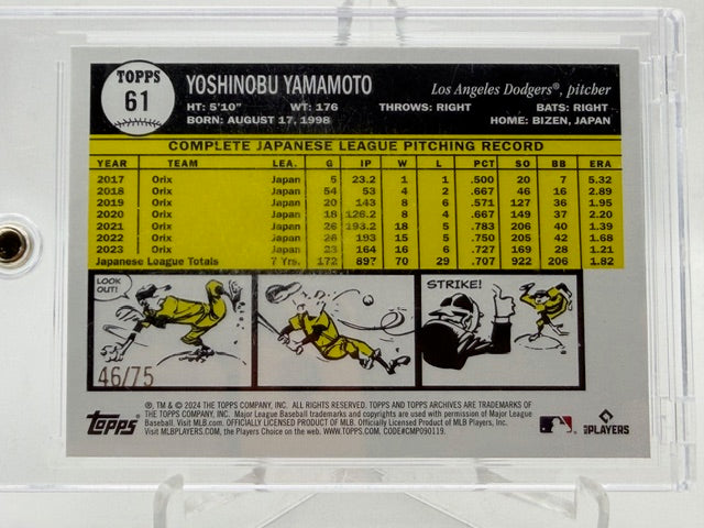 Yoshinobu Yamamoto 2024 Topps Archives Aqua Sparkle Foilboard Rookie #46/75