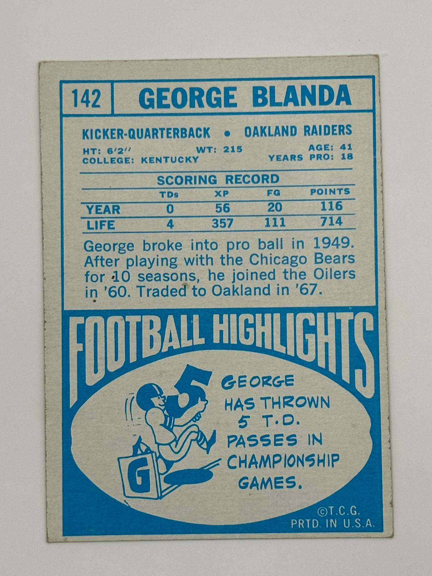 1968 Topps George Blanda #142 - Oakland Raiders