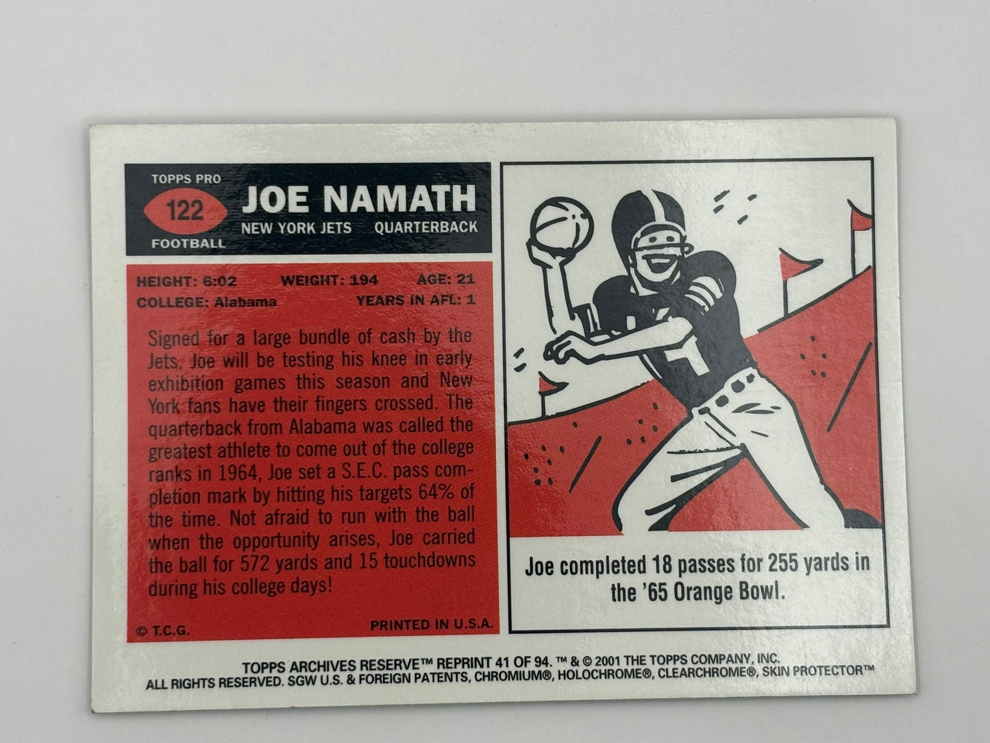 2001 Topps Chrome Archives Reserve #122 Joe Namath Refractor Rookie Reprint