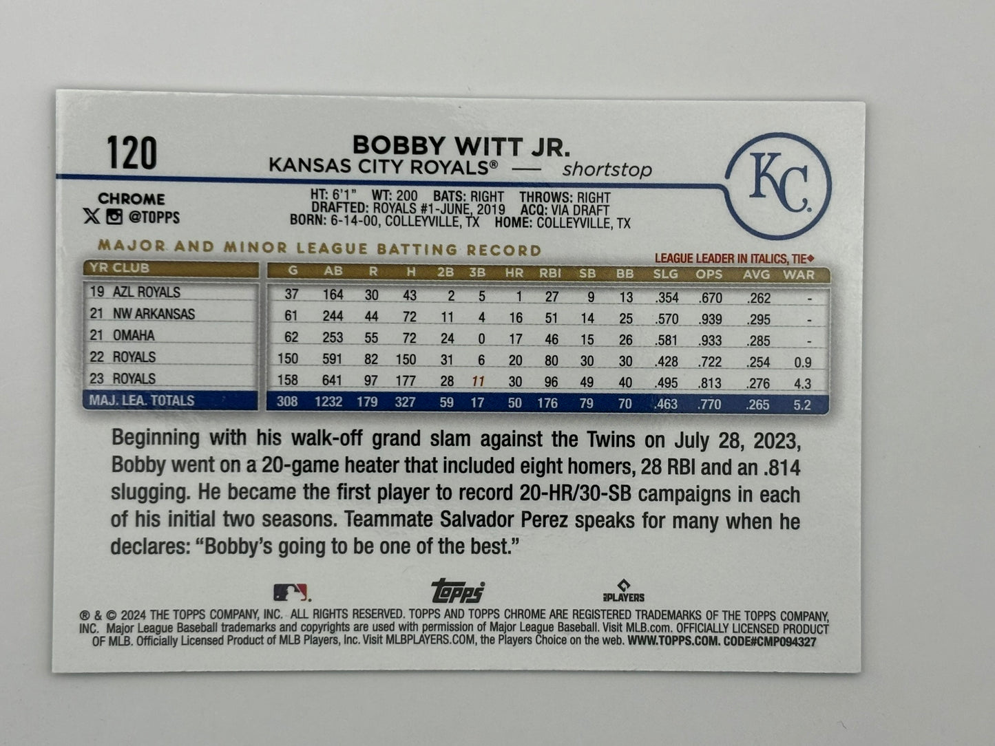 2024 Topps Chrome - Big Apple Refractor FFNYC Exclusive #120 Bobby Witt Jr.