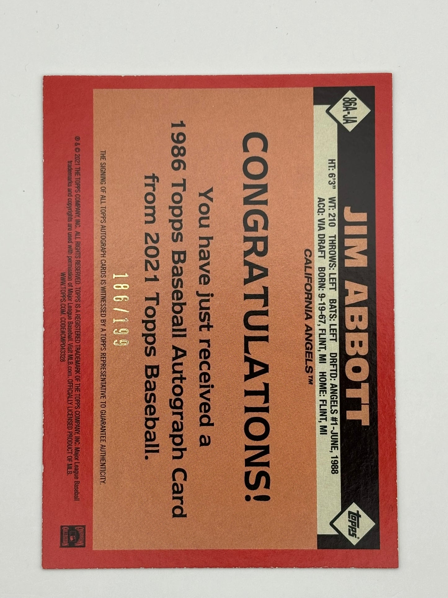 2021 Topps - 1986 Topps Baseball Autographs Black #86A-JA Jim Abbott auto /199