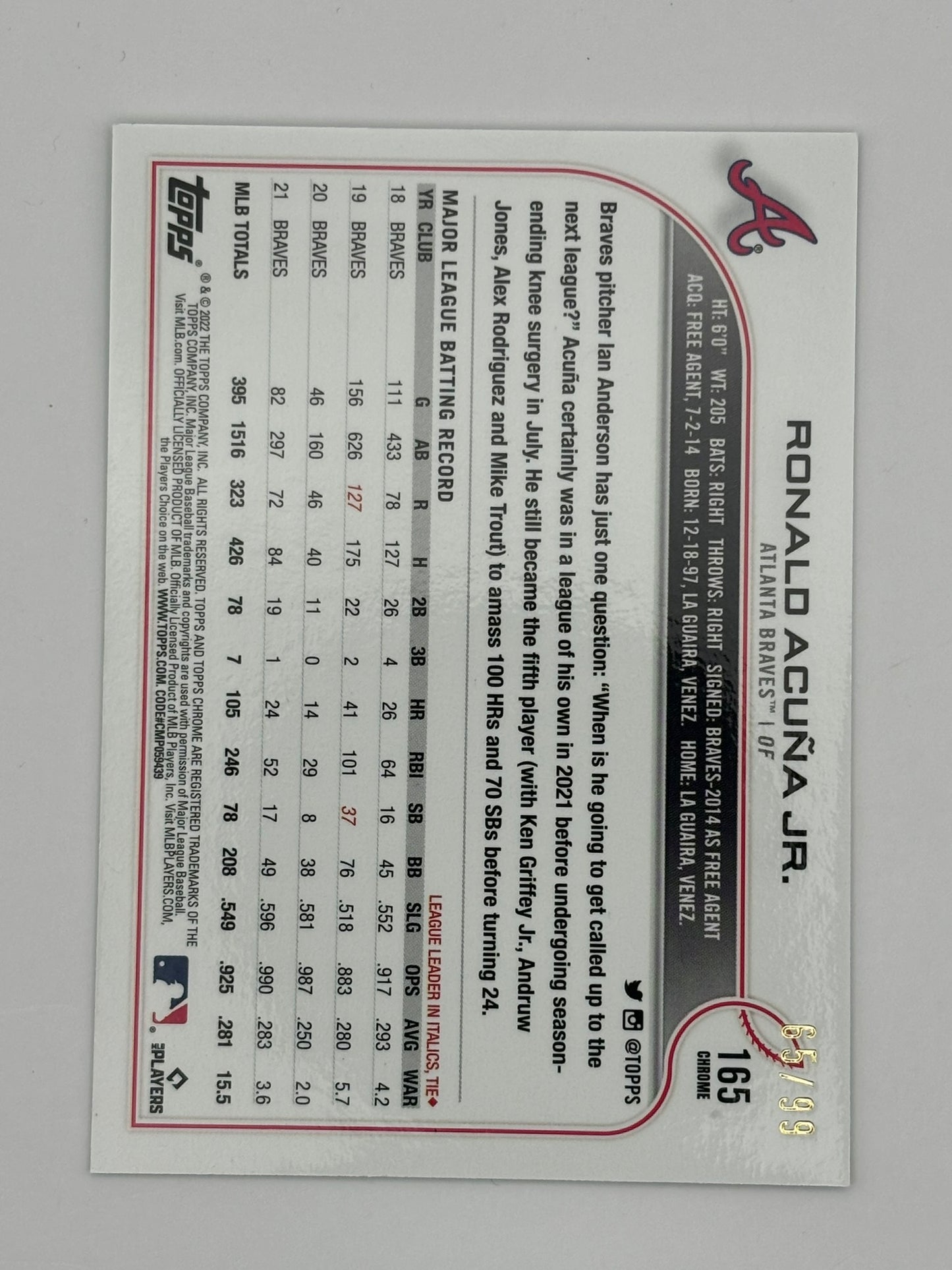 2022 Topps Chrome Sonic Ronald Acuna Green Pulse /99 #165 Braves SP