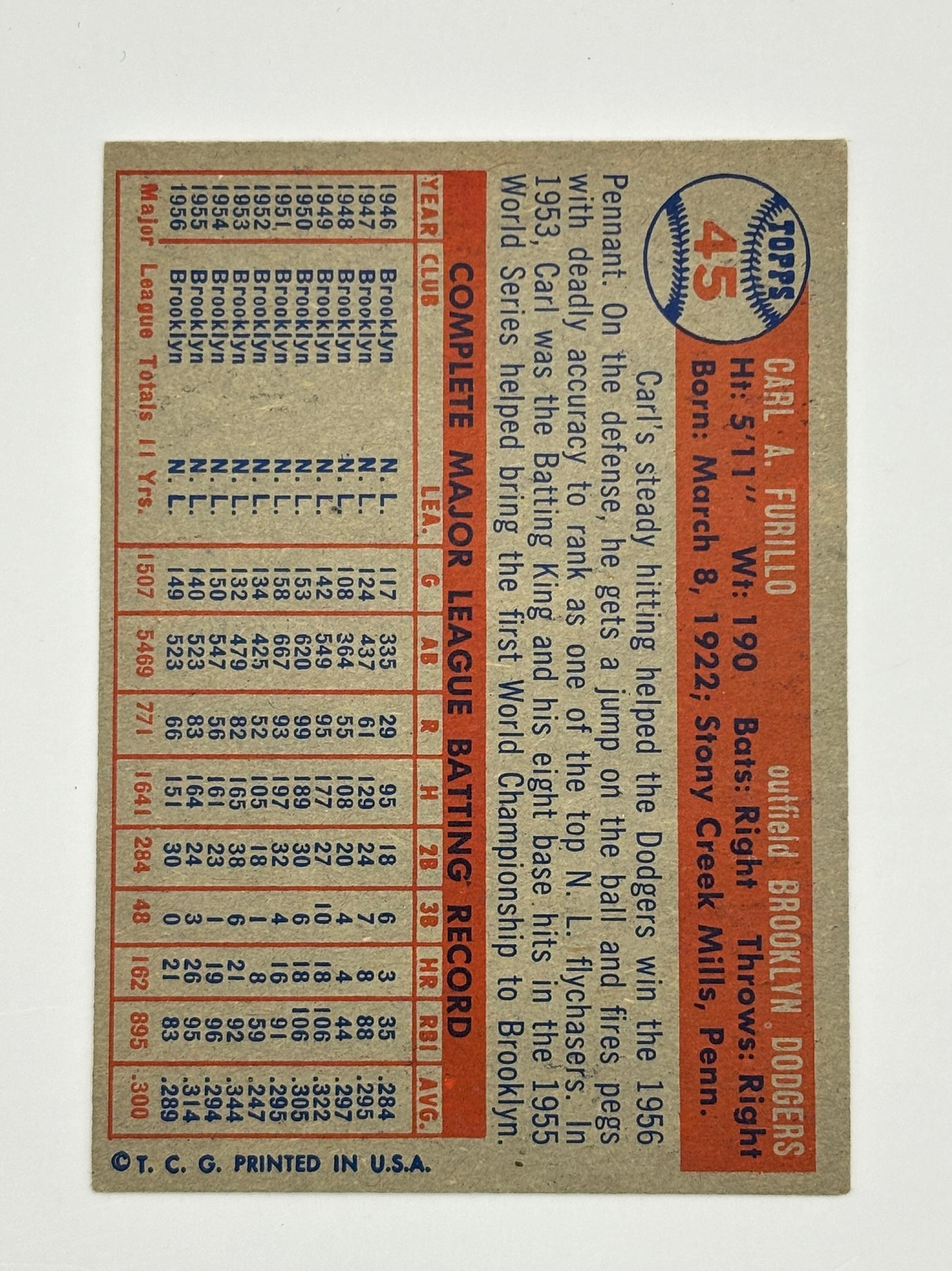 1957 TOPPS #45 CARL FURILLO BROOKLYN DODGERS