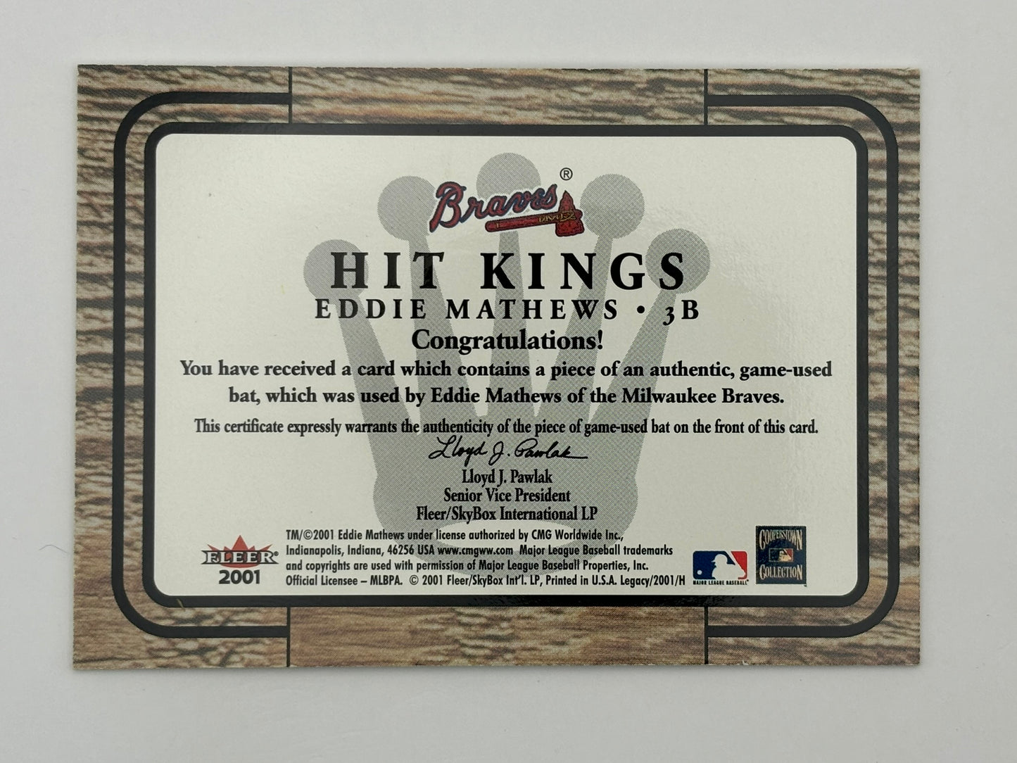 2001 FLEER LEGACY EDDIE MATHEWS GAME USED BAT RELIC