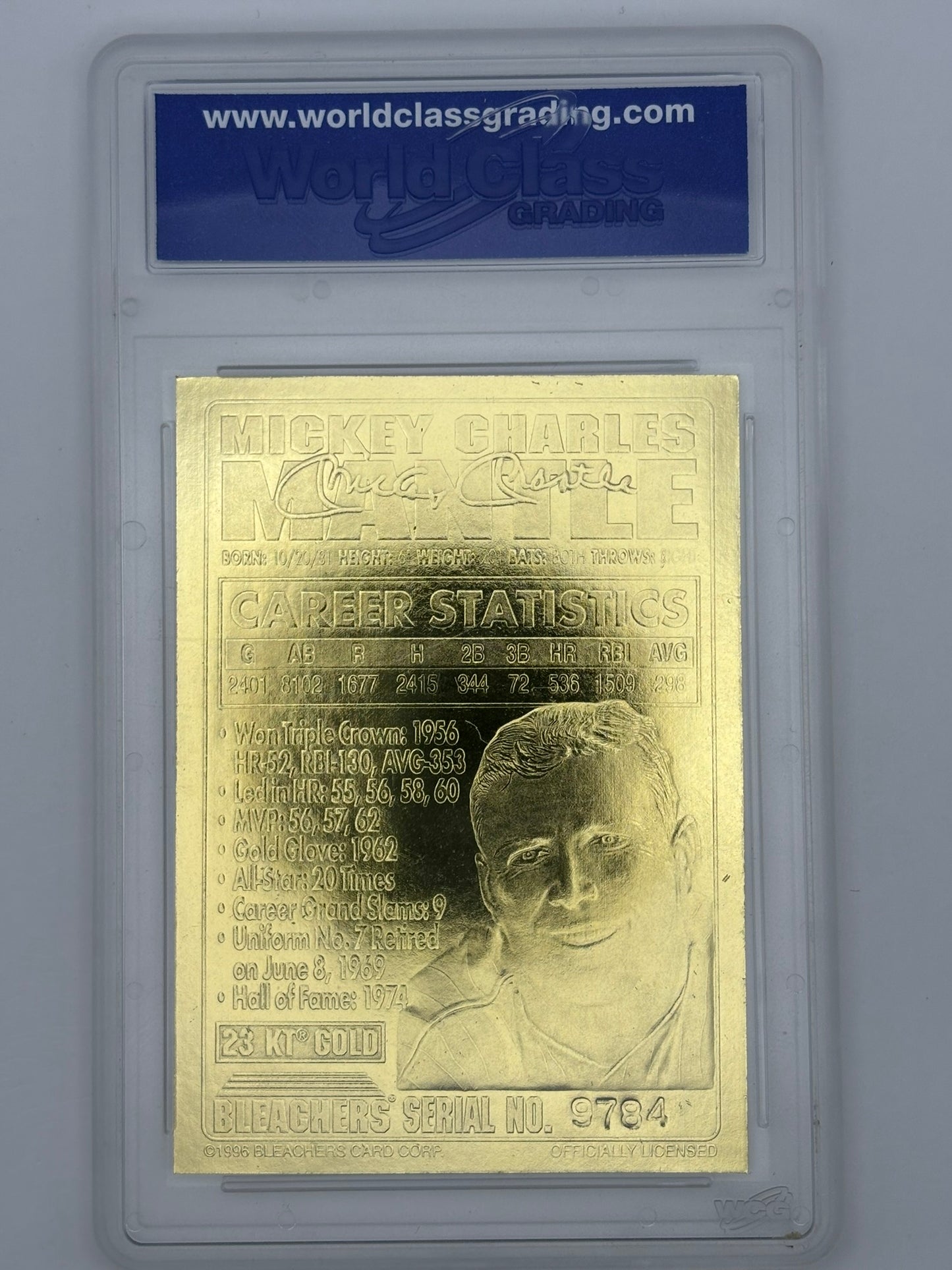 Mickey Mantle 1996 Bleachers card 23KT Gold WCG 10 Gem Mint New York Yankees