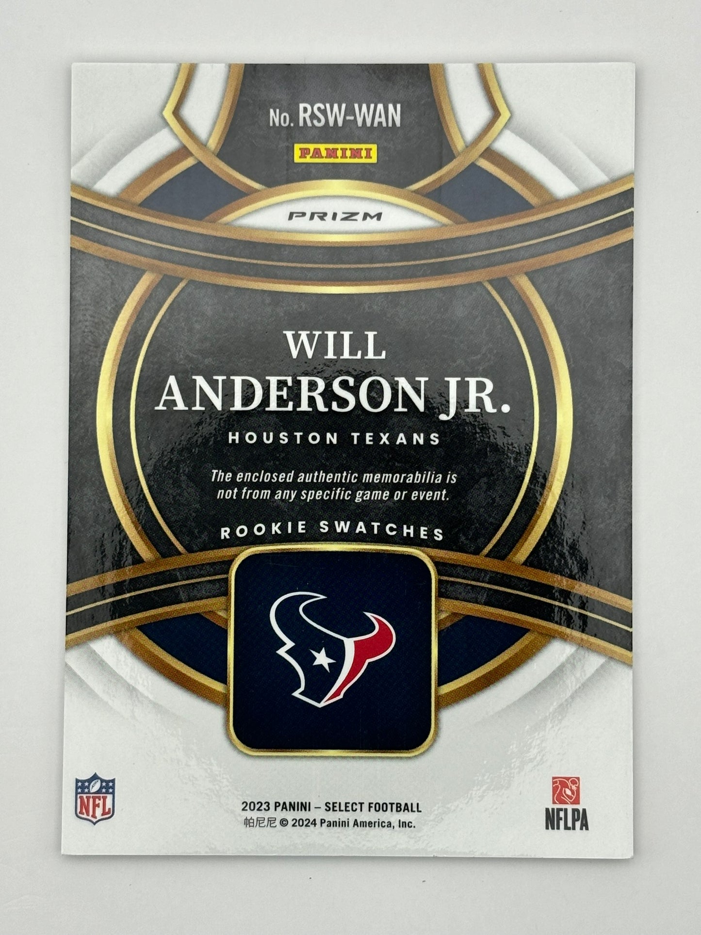 2023 Select Football Will Anderson Rookie Jersey Relic