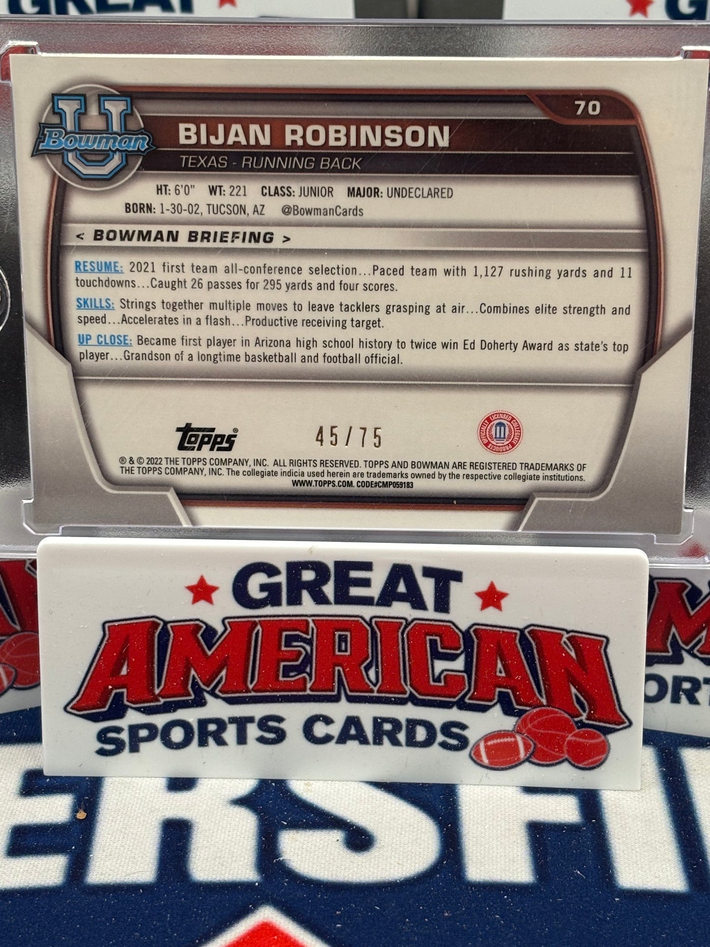 2022 Bowman Chrome University Yellow Refractor Bijan Robinson RC /75 #70