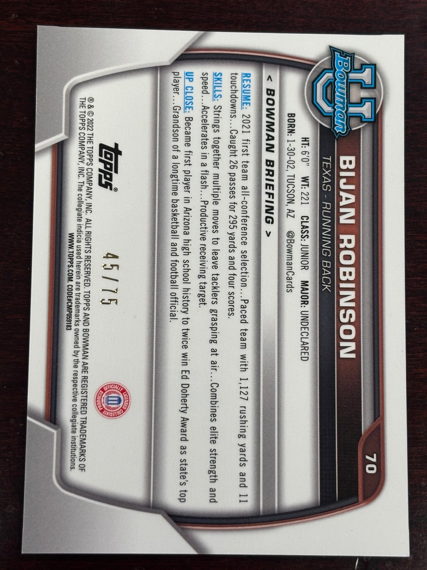 2022 Bowman Chrome University Yellow Refractor Bijan Robinson RC /75 #70