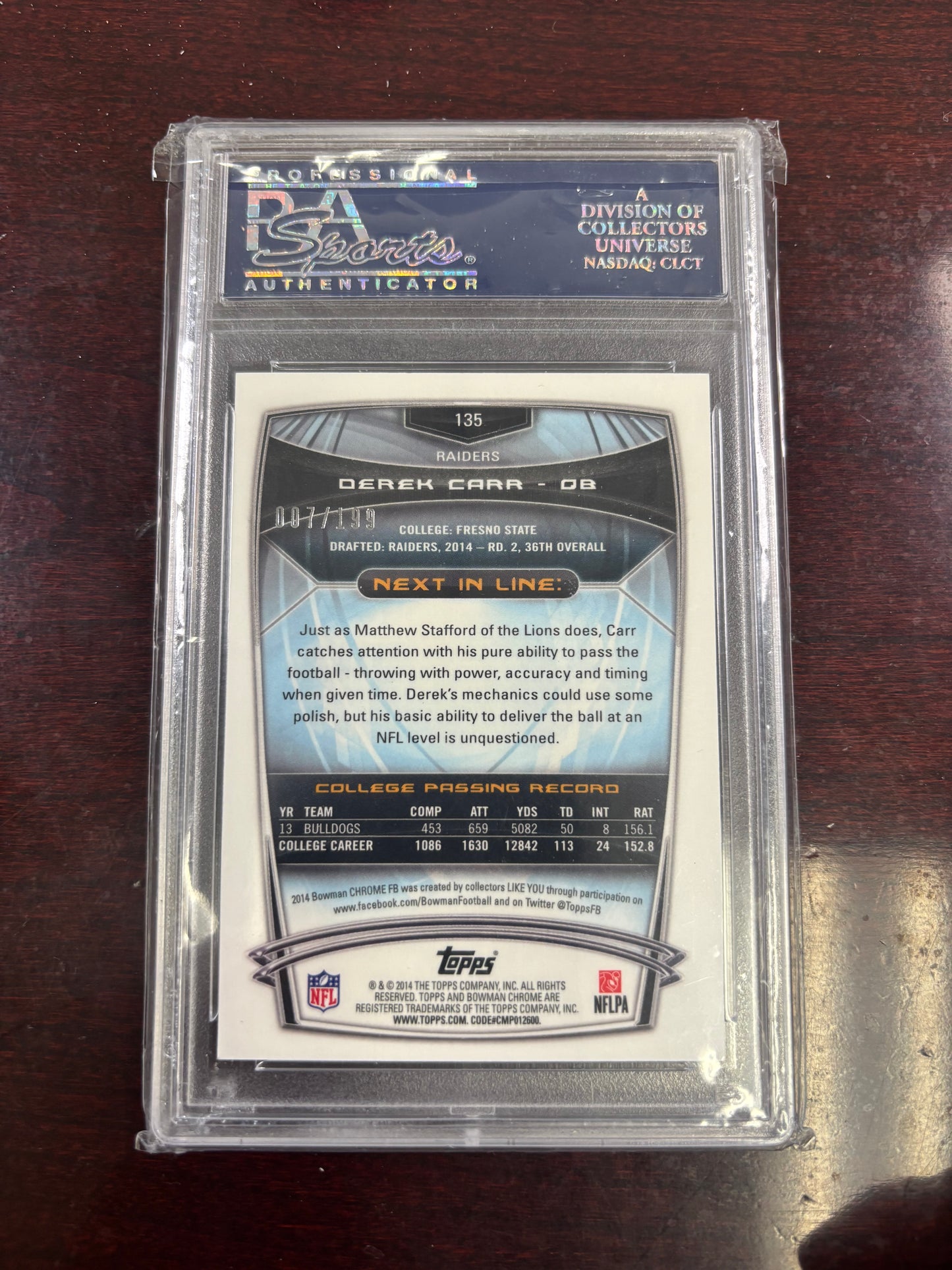 2014 Bowman Chrome Red Jersey Blue Refractor Derek Carr ROOKIE RC /199 #135 PSA 9