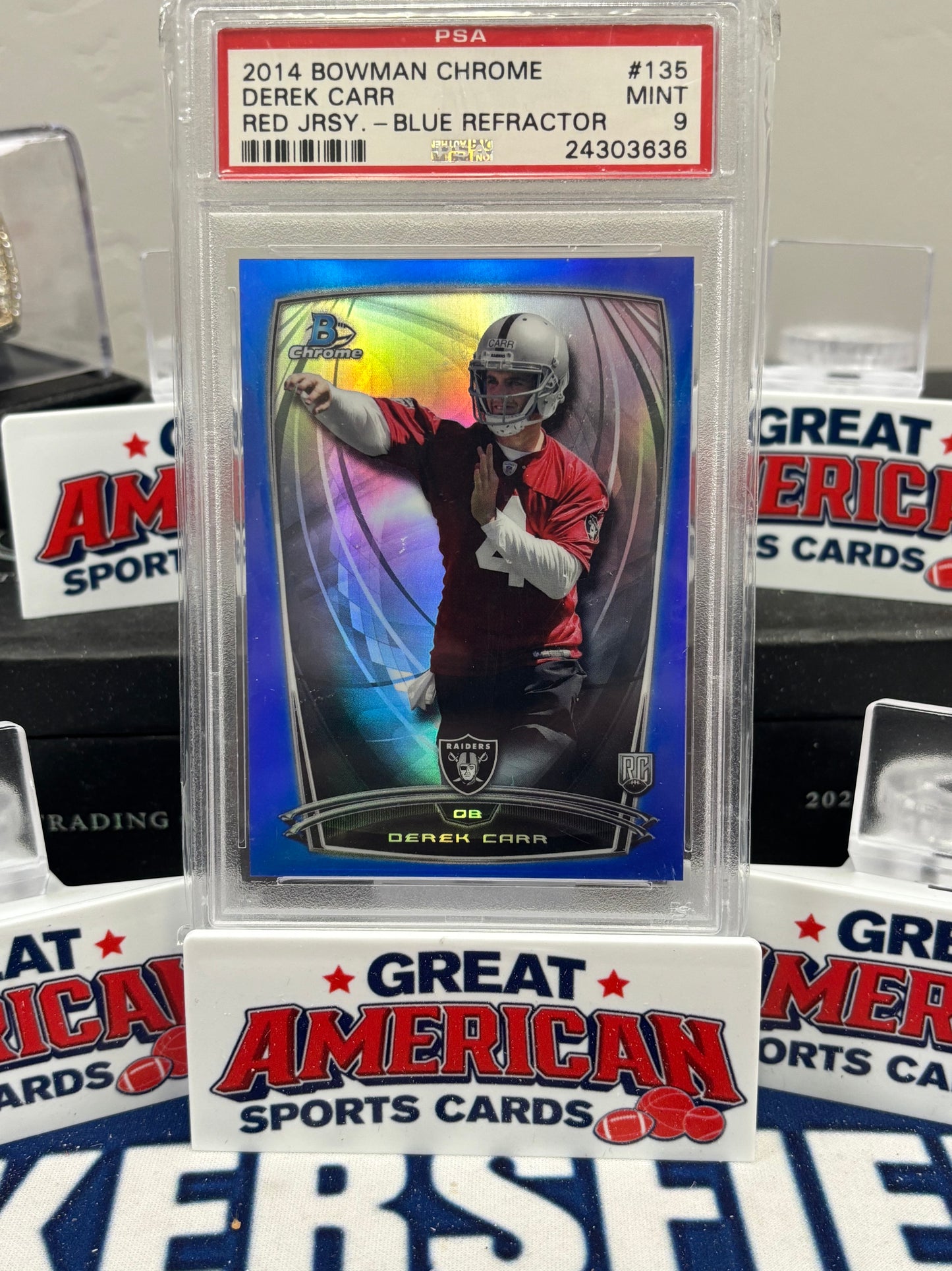 2014 Bowman Chrome Red Jersey Blue Refractor Derek Carr ROOKIE RC /199 #135 PSA 9
