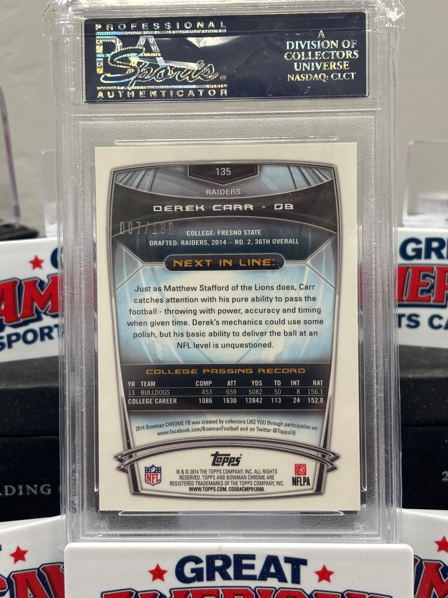 2014 Bowman Chrome Red Jersey Blue Refractor Derek Carr ROOKIE RC /199 #135 PSA 9