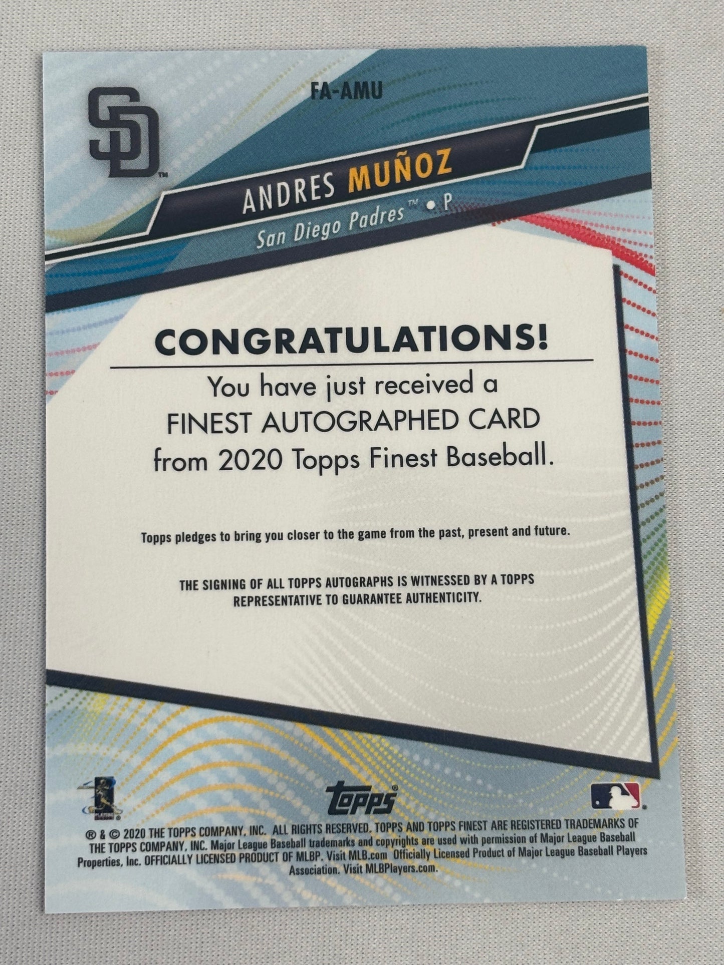 2020 Topps Finest Andres Munoz Rookie RC Auto /25 Orange