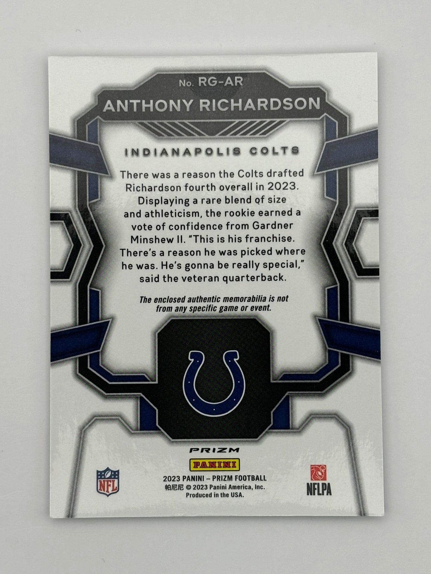 ANTHONY RICHARDSON 2023 Panini Prizm Rookie Gear Jersey Patch Silver Colts RC