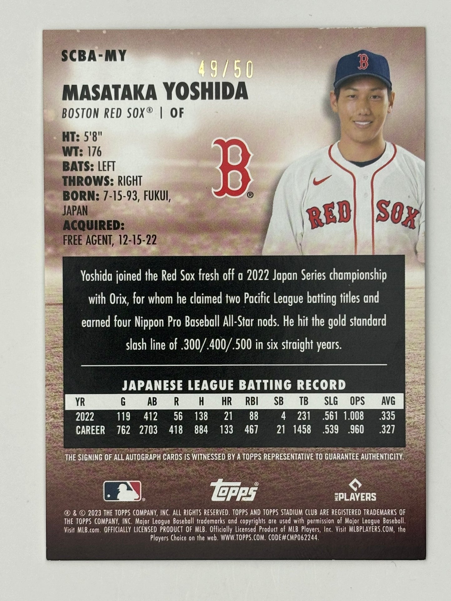 2023 Topps Stadium Club Masataka Yoshida Auto Red Foil /50