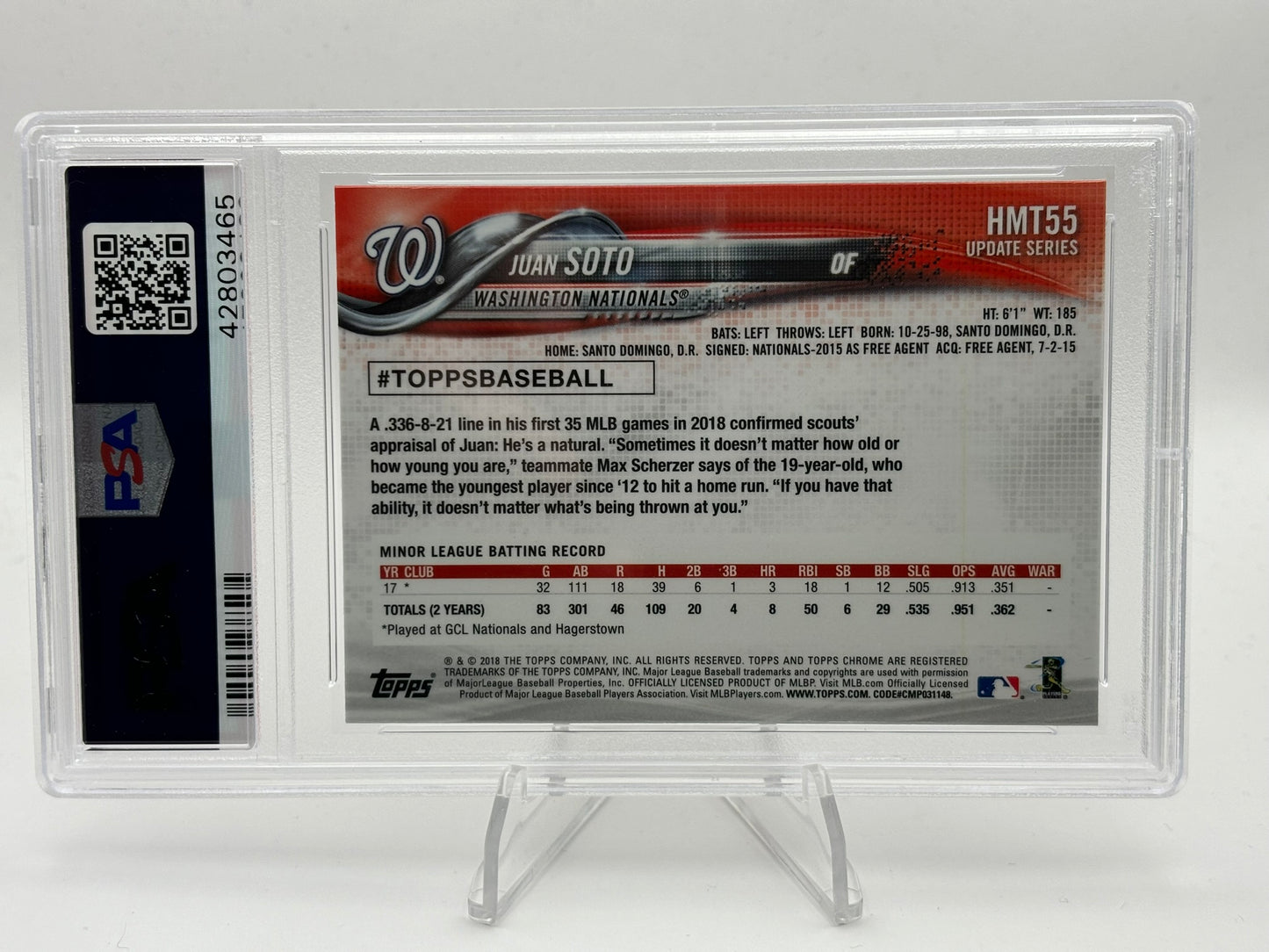 2018 Topps Chrome Update Juan Soto Rookie PSA 10