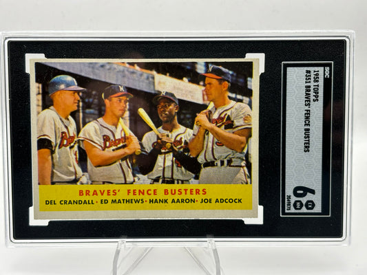 1958 Topps #351 Braves' Fence Busters Crandall/Mathews/Aaron/Adcock SGC 6
